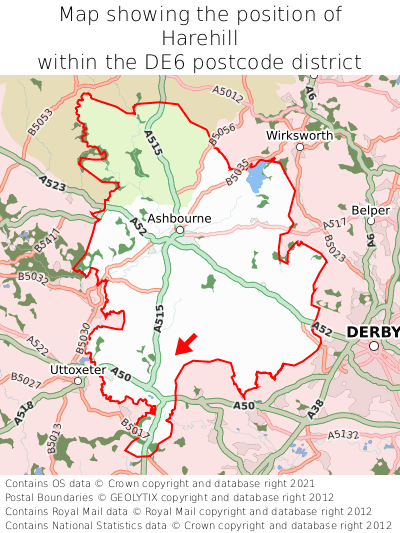 Map showing location of Harehill within DE6