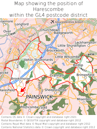 Map showing location of Harescombe within GL4
