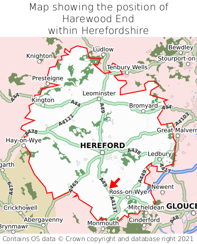 Map showing location of Harewood End within Herefordshire