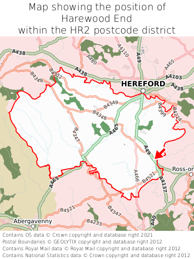 Map showing location of Harewood End within HR2