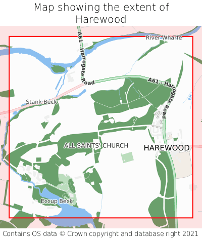 Map showing extent of Harewood as bounding box