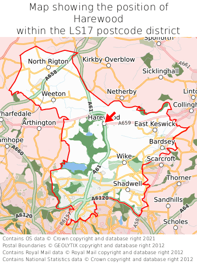 Map showing location of Harewood within LS17