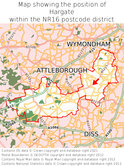 Map showing location of Hargate within NR16