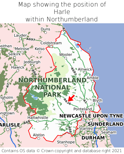 Map showing location of Harle within Northumberland