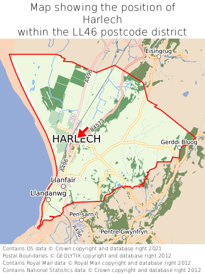Map showing location of Harlech within LL46
