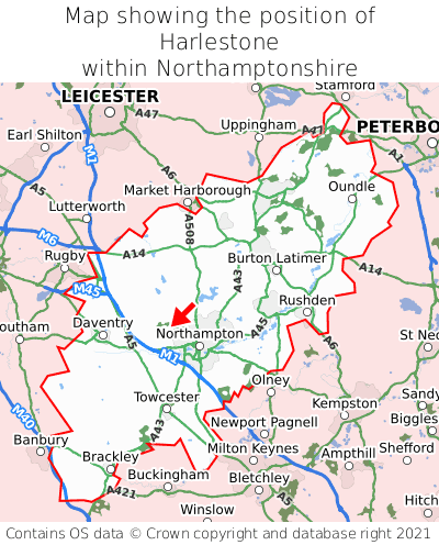 Map showing location of Harlestone within Northamptonshire