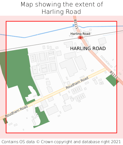 Map showing extent of Harling Road as bounding box