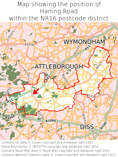 Map showing location of Harling Road within NR16