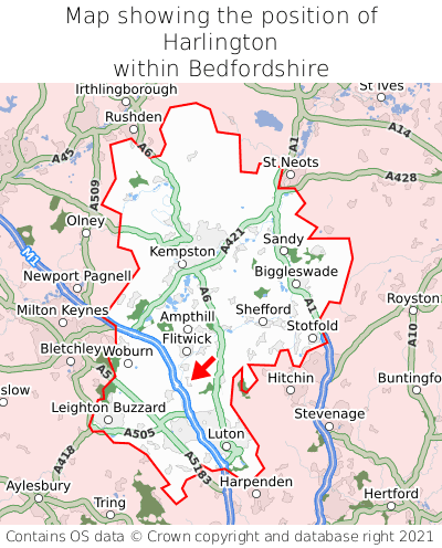 Map showing location of Harlington within Bedfordshire