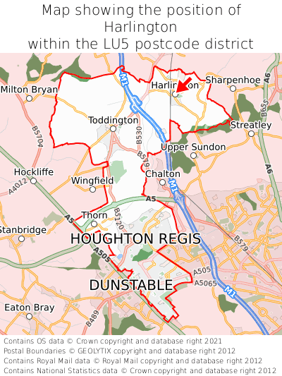 Map showing location of Harlington within LU5