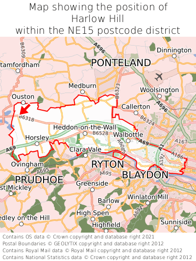 Map showing location of Harlow Hill within NE15