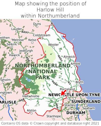 Map showing location of Harlow Hill within Northumberland