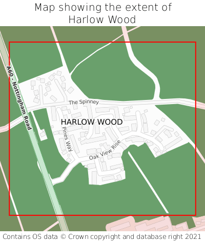 Map showing extent of Harlow Wood as bounding box
