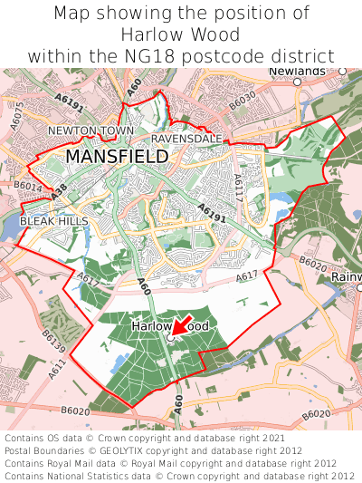 Map showing location of Harlow Wood within NG18