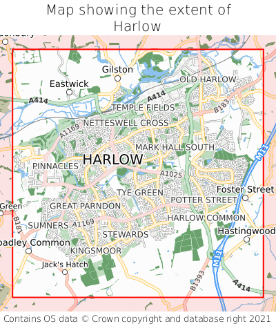 Map showing extent of Harlow as bounding box