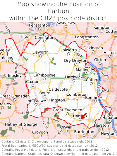 Map showing location of Harlton within CB23