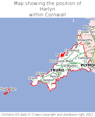 Map showing location of Harlyn within Cornwall