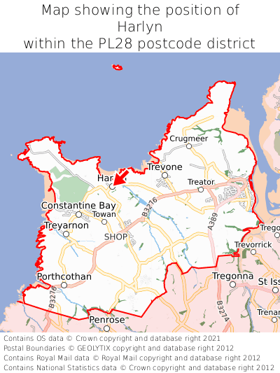 Map showing location of Harlyn within PL28