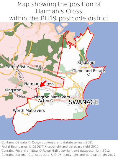 Map showing location of Harman's Cross within BH19