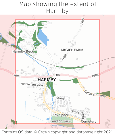 Map showing extent of Harmby as bounding box