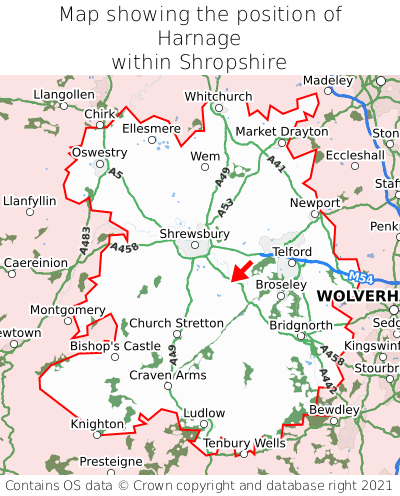 Map showing location of Harnage within Shropshire