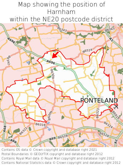 Map showing location of Harnham within NE20