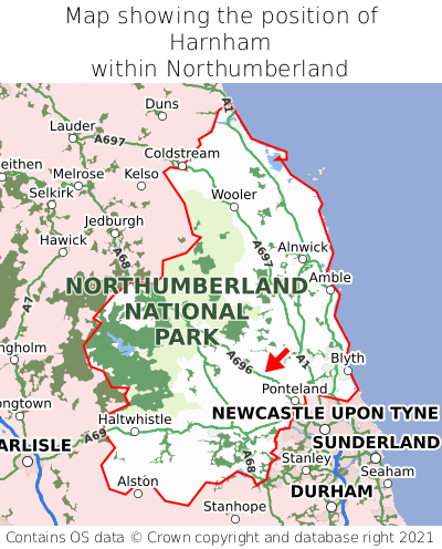 Map showing location of Harnham within Northumberland