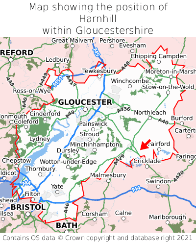 Map showing location of Harnhill within Gloucestershire