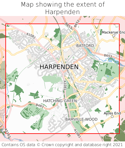 Map showing extent of Harpenden as bounding box