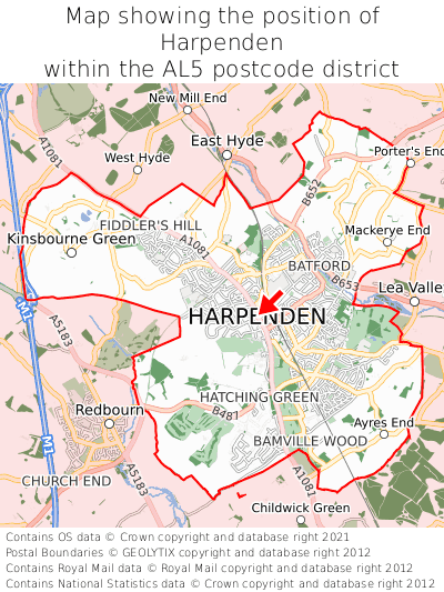 Map showing location of Harpenden within AL5