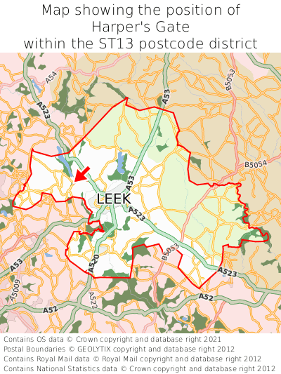 Map showing location of Harper's Gate within ST13