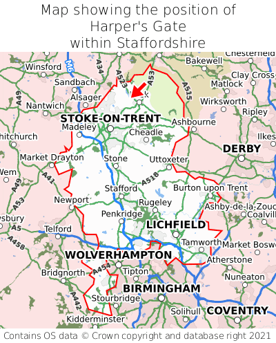 Map showing location of Harper's Gate within Staffordshire