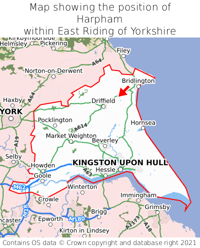 Map showing location of Harpham within East Riding of Yorkshire