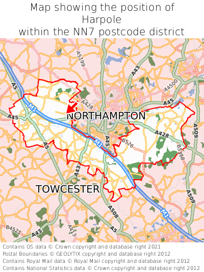 Map showing location of Harpole within NN7