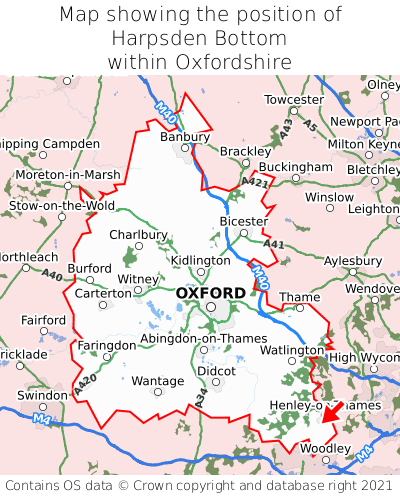 Map showing location of Harpsden Bottom within Oxfordshire