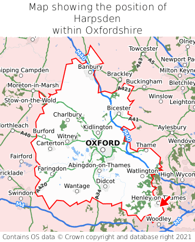 Map showing location of Harpsden within Oxfordshire