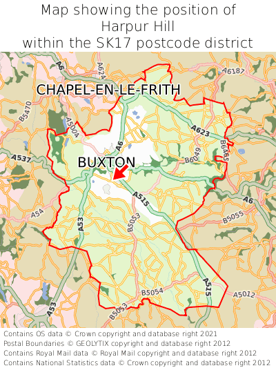 Map showing location of Harpur Hill within SK17