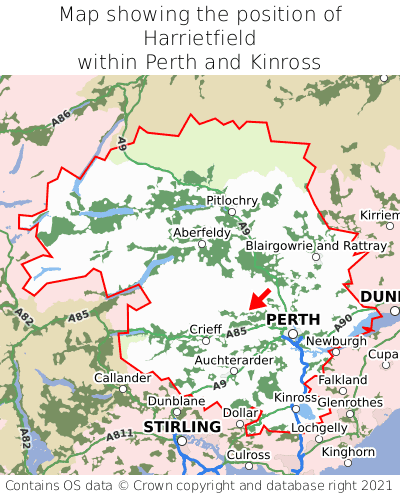 Map showing location of Harrietfield within Perth and Kinross