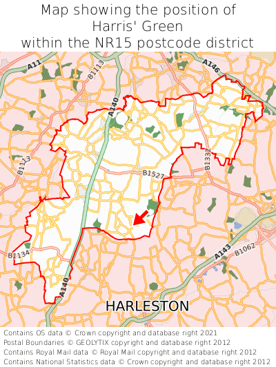 Map showing location of Harris' Green within NR15