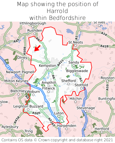 Map showing location of Harrold within Bedfordshire
