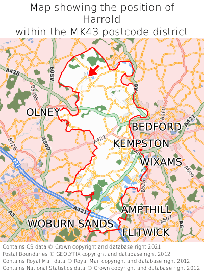 Map showing location of Harrold within MK43