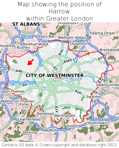 Map showing location of Harrow within Greater London