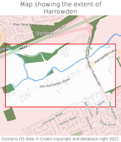 Map showing extent of Harrowden as bounding box