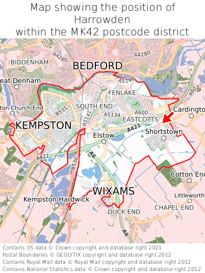 Map showing location of Harrowden within MK42