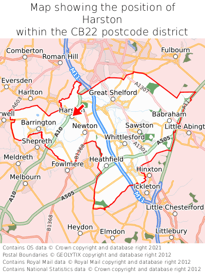 Map showing location of Harston within CB22