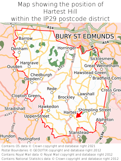 Map showing location of Hartest Hill within IP29