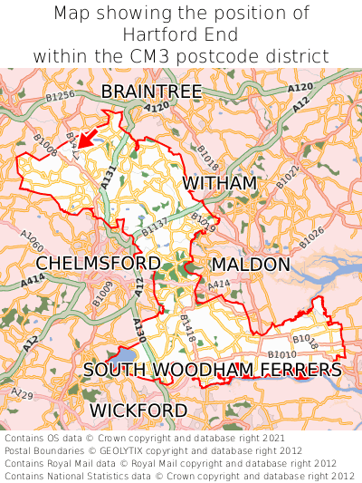 Map showing location of Hartford End within CM3