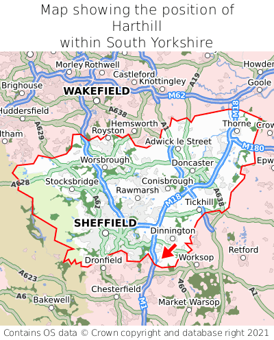 Map showing location of Harthill within South Yorkshire