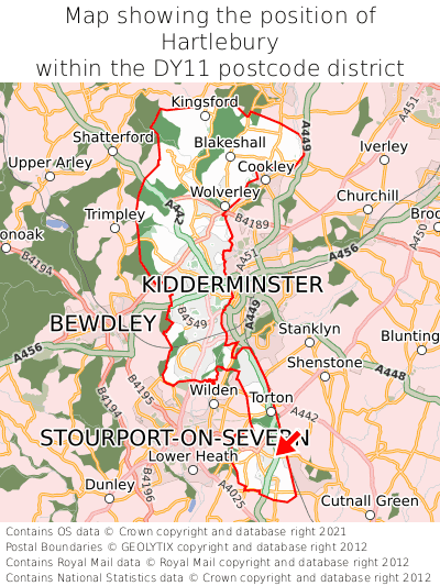 Map showing location of Hartlebury within DY11