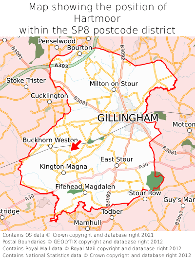 Map showing location of Hartmoor within SP8